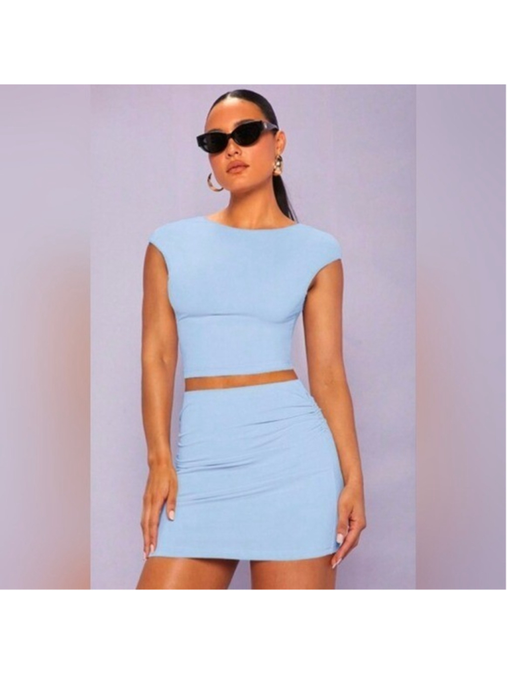 SheinBae Light Blue Two-Piece Set Women's Crop Top & Ruched Mini Skirt, Medium